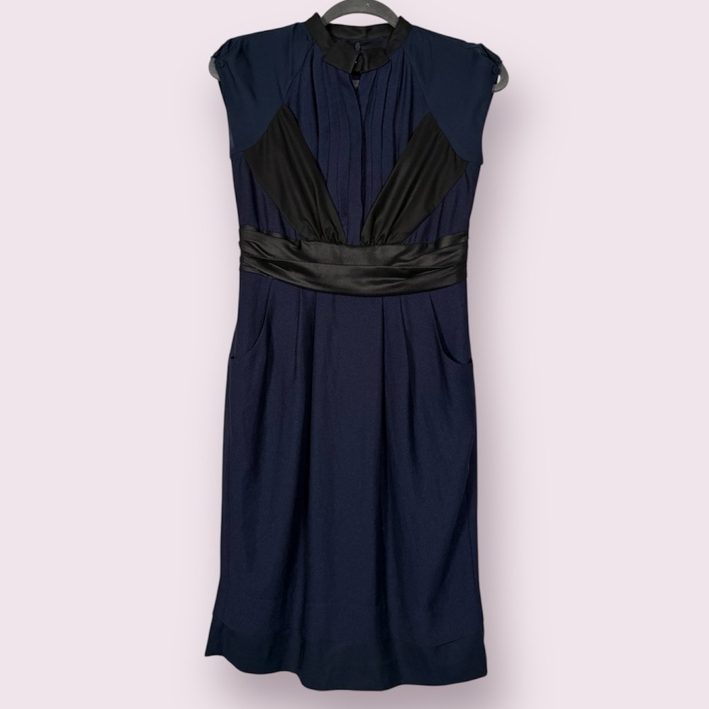 McGinn Navy Blue and Black Faux Leather Pleated High Neck Dress